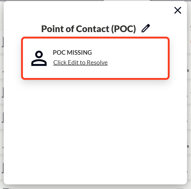 Record flagged in red for a missing point of contact