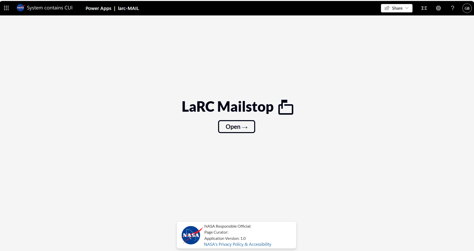 LaRC Mailstop landing screen with an Open button