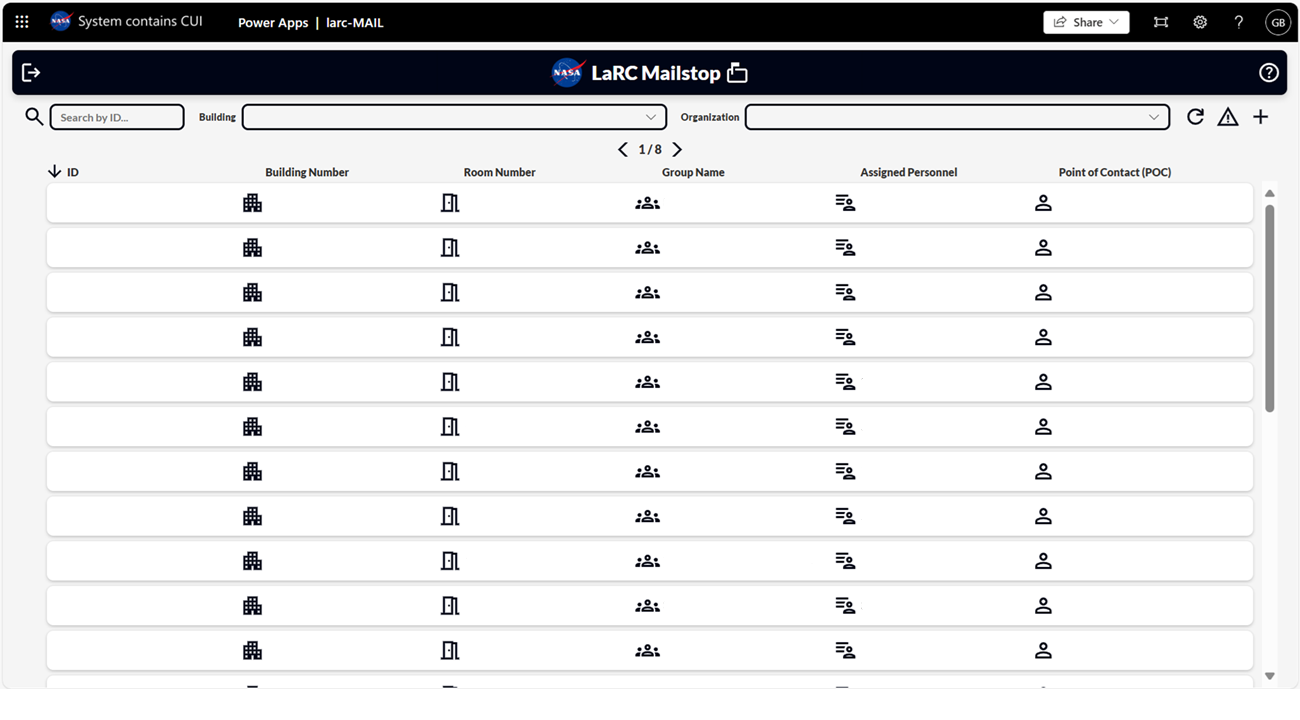 Paginated table of MailStops with search and filter controls