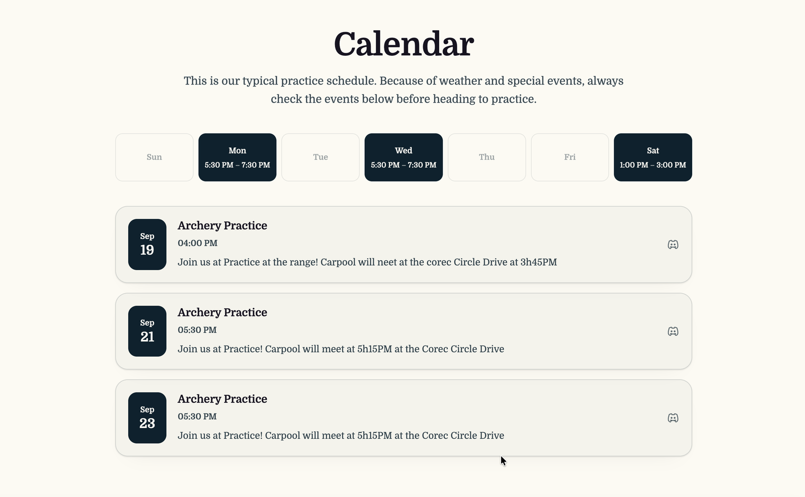 Calendar page with the weekly practice schedule above a list of upcoming practices