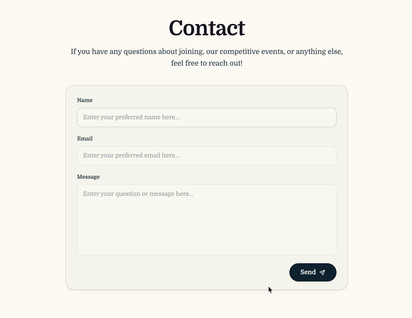 Contact form with name, email, and message fields