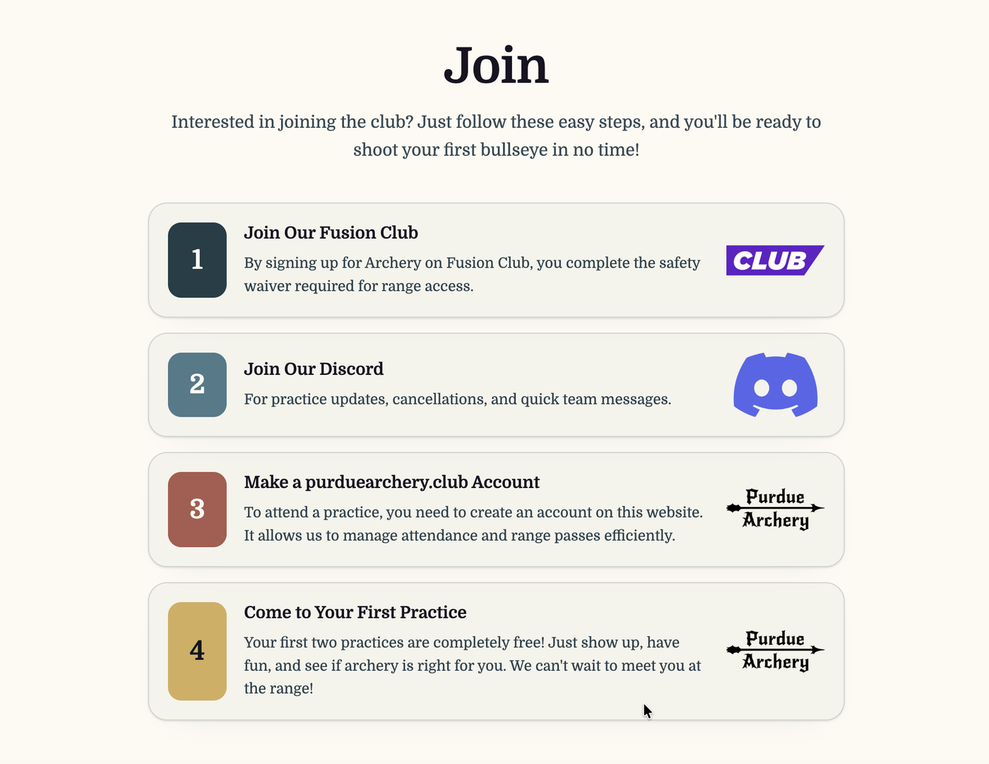 Join page listing four numbered steps to join the club