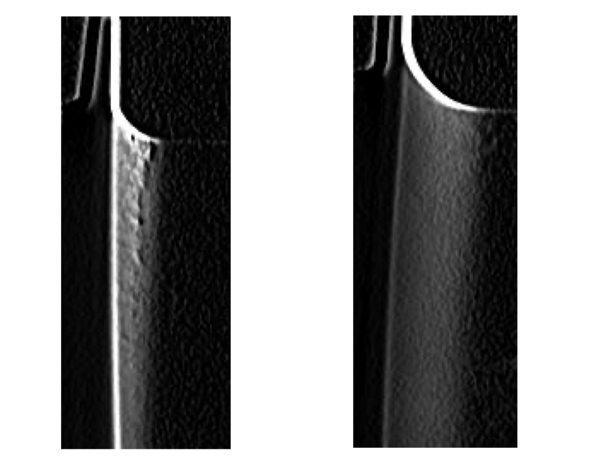 Two filtered X-ray images of turbine vanes side by side, the left one showing a mottled defect region near the top edge
